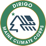 white circle with green band around it and words Maine Climate Corps, Dirigo