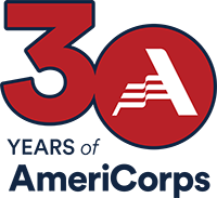 numerals 30 in red and stylized A with text 30 years of AmeriCorps