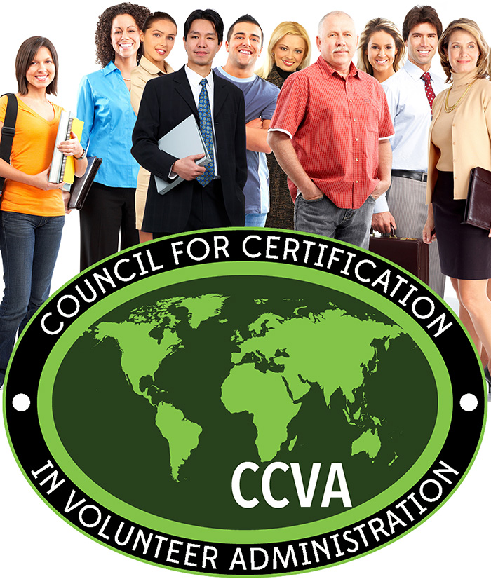green oval with text = council for certification in volunteer administration, globe in center and outside of circle a group of multi-ethnic adults