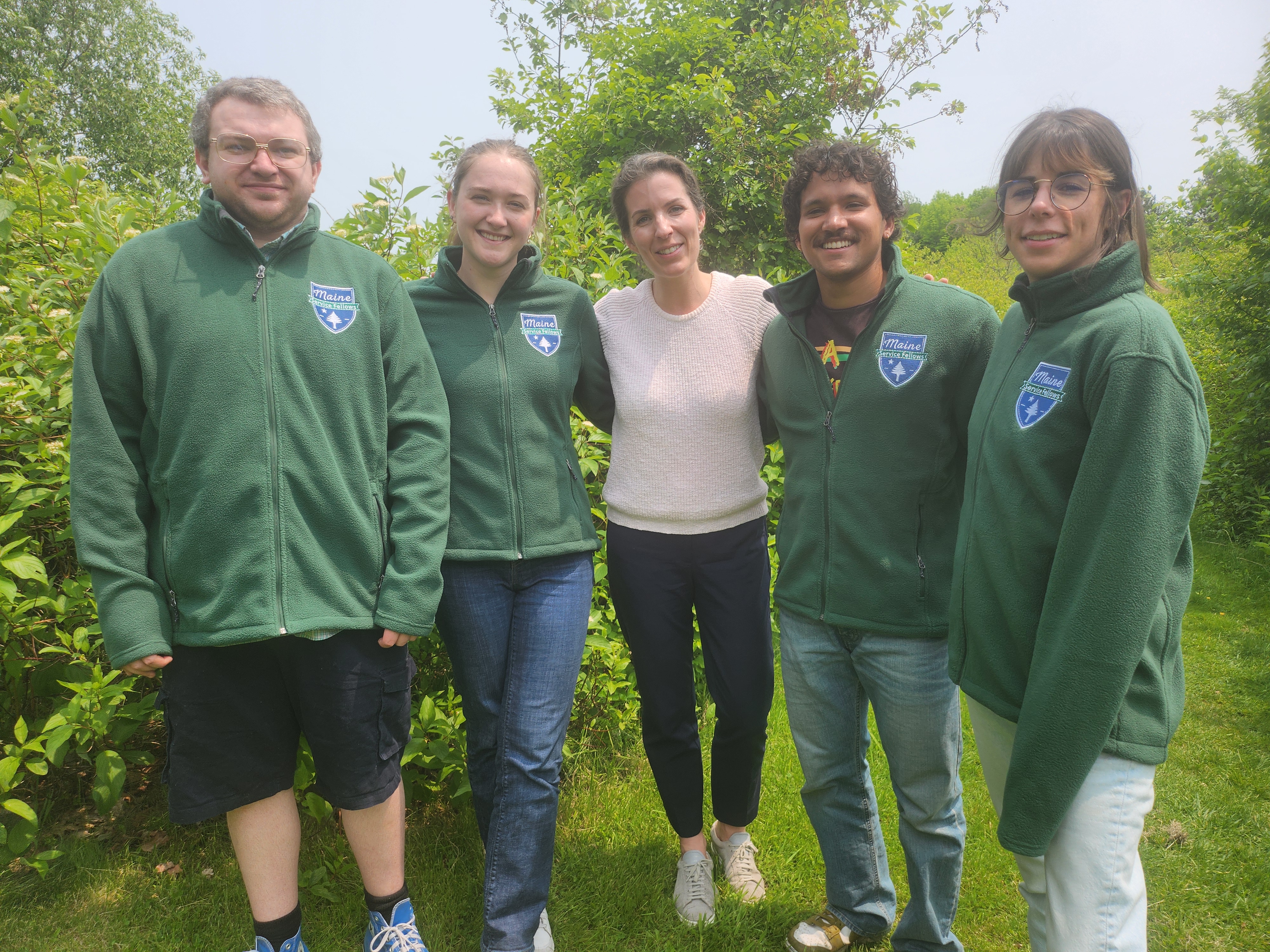 2025 Maine Service Fellows James Fagan, Holly Werner, Deven Thapaliya, and Emma Sawyer with Executive Director Brittany Gleixner-Hayat