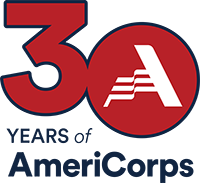 large red 30 with AmeriCorps logo in the zero and the words 30 years of AmeriCorps 