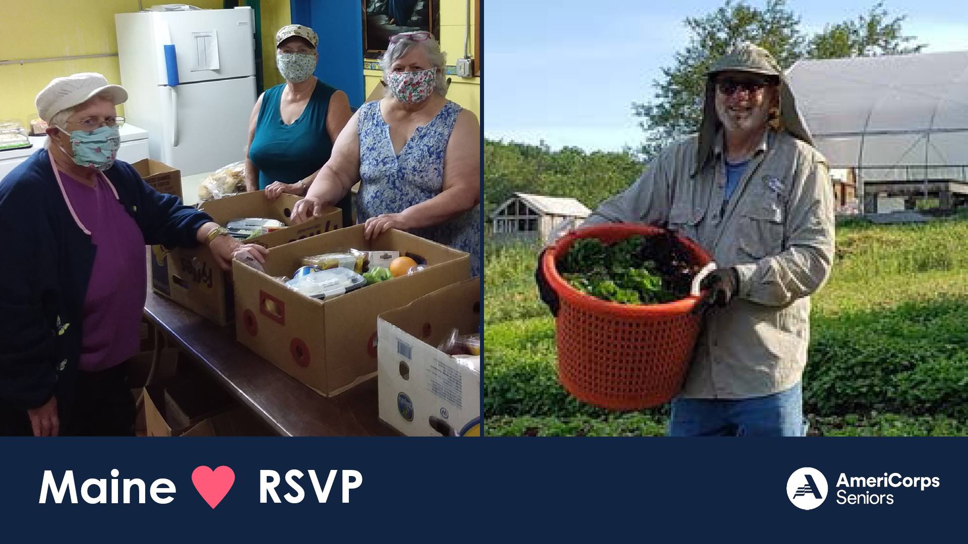 Decorative graphic that features two photos: On the left, three volunteers in face masks stand by boxed food donations. On the right a volunteer holds a bucket of peppers in a field.