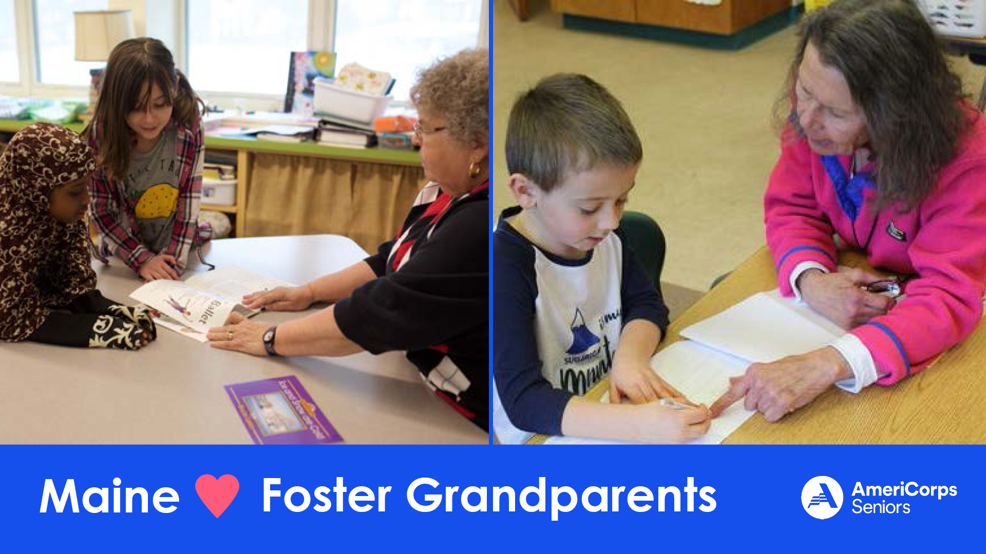 "Decorative graphic featuring two different photos of volunteers reading to students in a classroom setting.