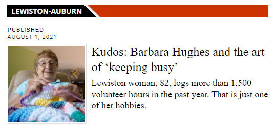 Screenshot of Barbara Hughes story teaser on Sun Journal website featuring a photo of a woman knitting