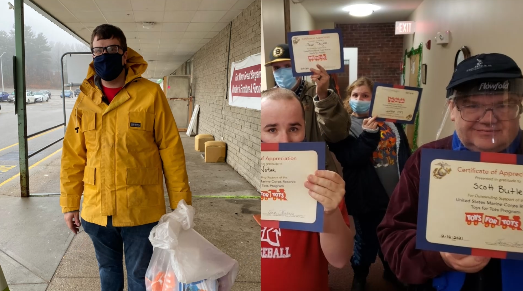 Collage of two photos of individuals participating in toys for tots drives. Photo on left is a portrait of one individual holding a bag of toys outdoors. Photo on right is a group of four individuals holding up certificates while posing for a photo in the hallway.