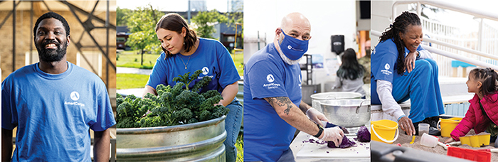 4 scenes of americorps members: one person prepping food, one helping a child, one working in a garden, one just facing camera