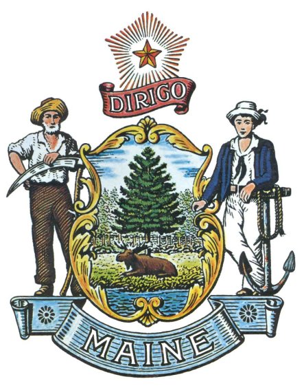 maine state seal-farmer and fisherman with pine tree, moose, anchor, and sythe
