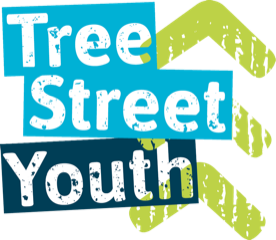 tree street youth logo, stylized letters and bright colors
