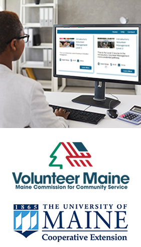 woman with back to camera, looking at computer monitor; plus logos for Volunteer Maine and UMaine Cooperative Extension